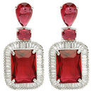 Rhodium Plated Silver Toned with Red American Diamond Small Drop Earrings