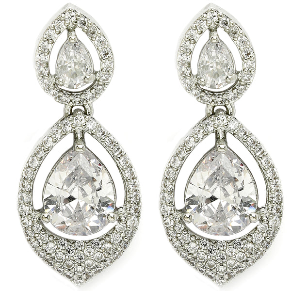 Rhodium Plated with White American Diamond Dual Teardrop Design Drop Earrings