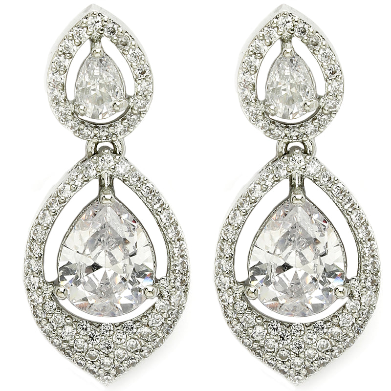 Rhodium Plated with White American Diamond Dual Teardrop Design Drop Earrings