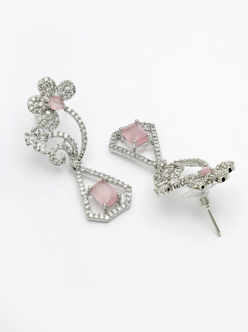 Rhodium Plated with Stylish Flower Design Pink & White American Diamond Small Drop Earrings