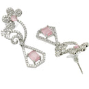 Rhodium Plated Geometric Floral Pink American Diamond Contemporary Long Drop Earrings