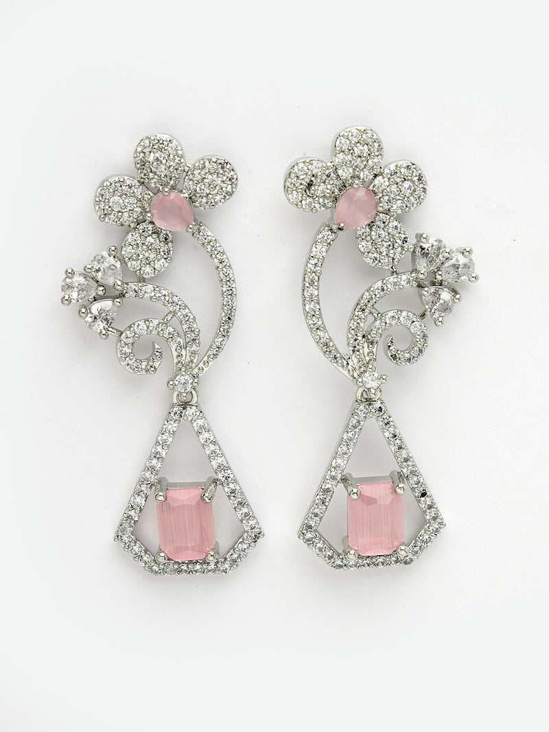 Rhodium Plated with Stylish Flower Design Pink & White American Diamond Small Drop Earrings