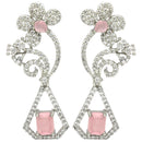 Rhodium Plated with Stylish Flower Design Pink & White American Diamond Small Drop Earrings