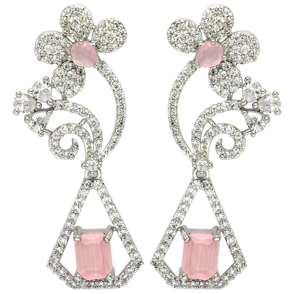 Rhodium Plated with Stylish Flower Design Pink & White American Diamond Small Drop Earrings