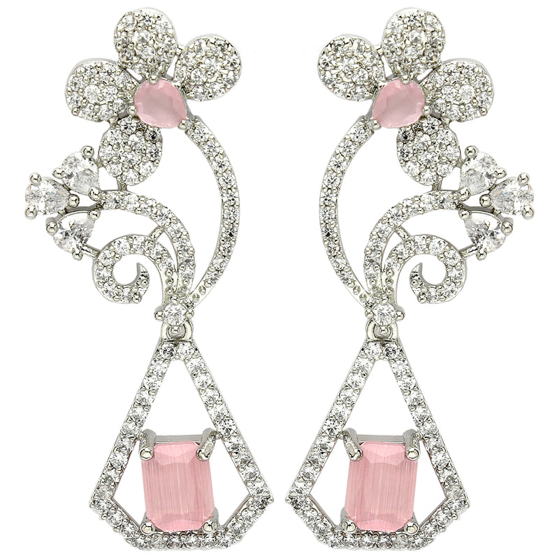 Rhodium Plated with Stylish Flower Design Pink & White American Diamond Small Drop Earrings