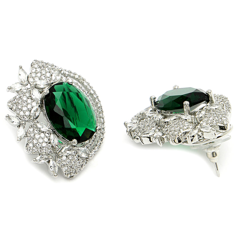 Rhodium Plated Floral Design with Green & White American Diamond Stud Earrings