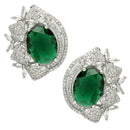 Rhodium Plated Floral Design with Green & White American Diamond Stud Earrings