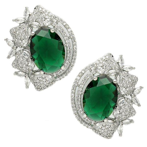Rhodium Plated Floral Design with Green & White American Diamond Stud Earrings