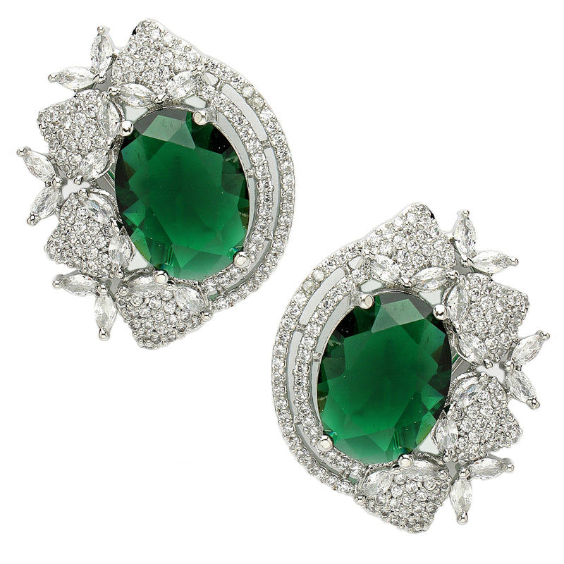 Rhodium Plated Floral Design with Green & White American Diamond Stud Earrings