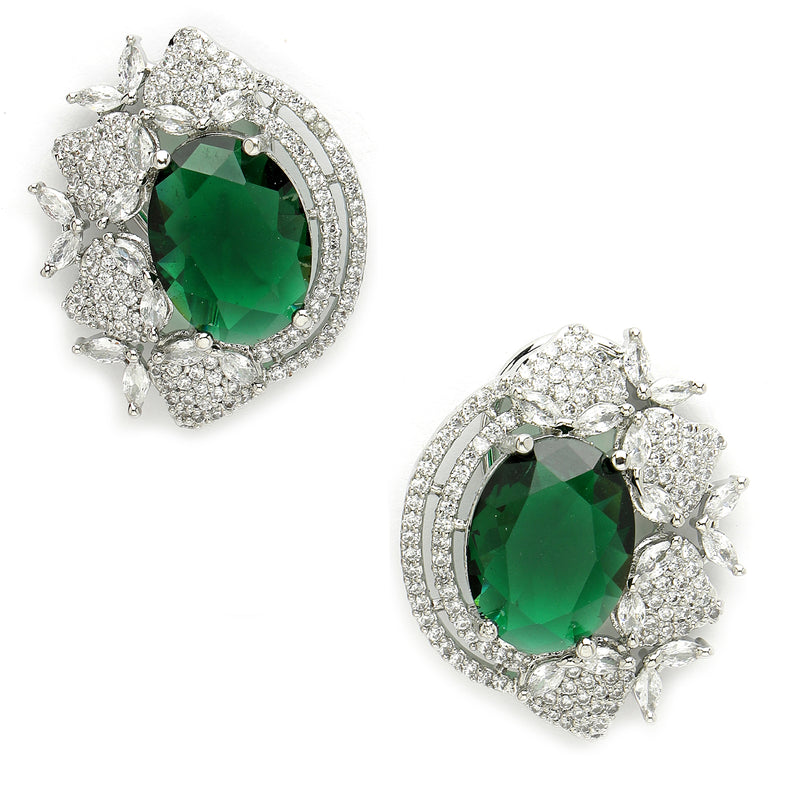 Rhodium Plated Floral Design with Green & White American Diamond Stud Earrings