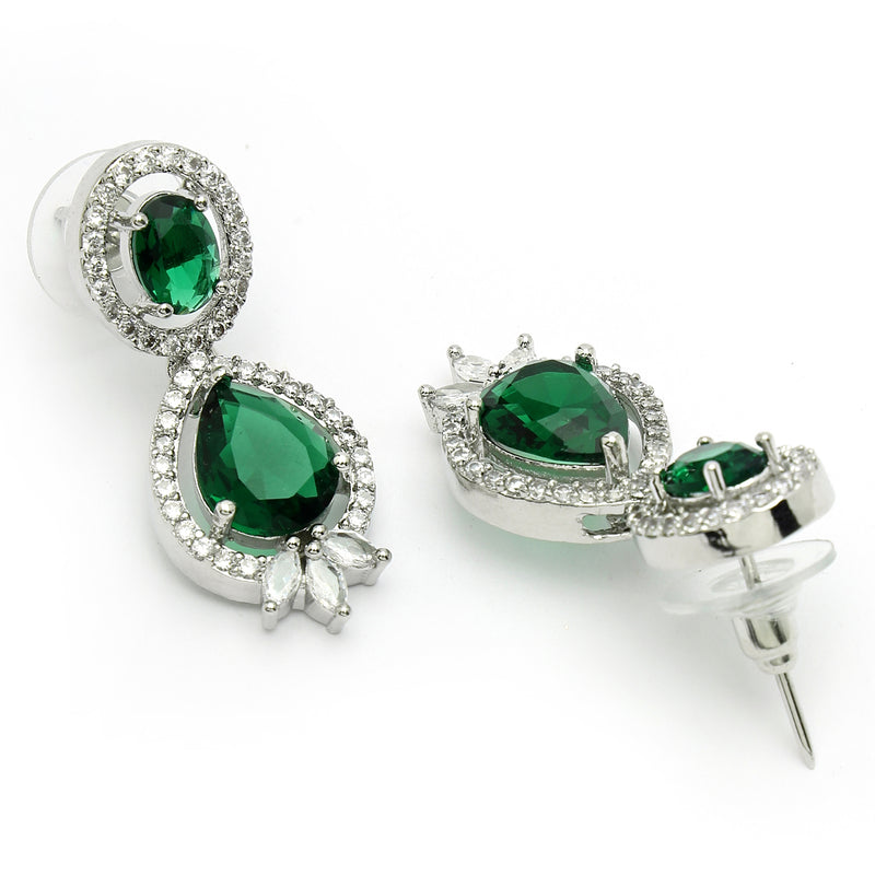 Rhodium Plated with Green & White American Diamond Small Drop Earrings