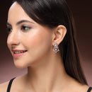 Rhodium Plated Silver Toned Starry Floral Shaped Pink & White American Diamond Studded Drop Earrings