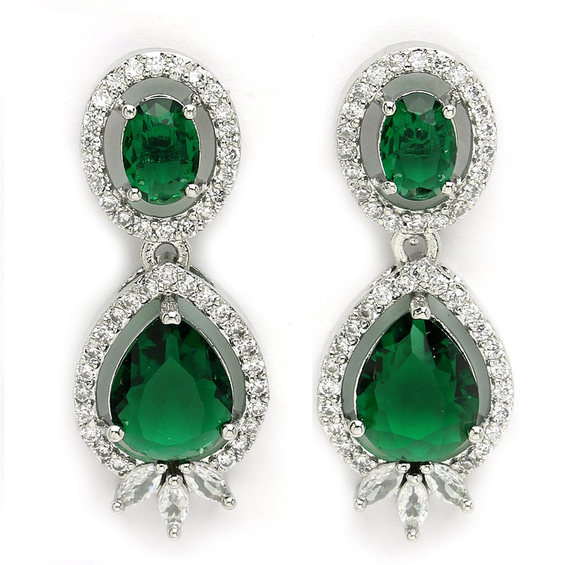 Rhodium Plated with Green & White American Diamond Small Drop Earrings