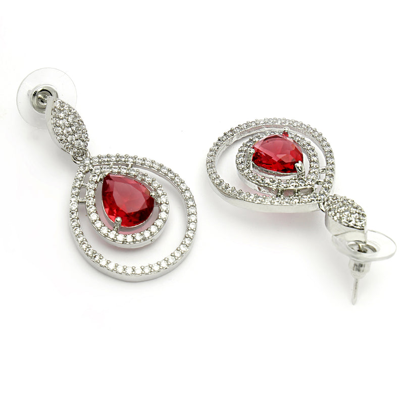 Red American Diamond Stud Earrings – Rhodium Plated Silver Toned Dangle Style