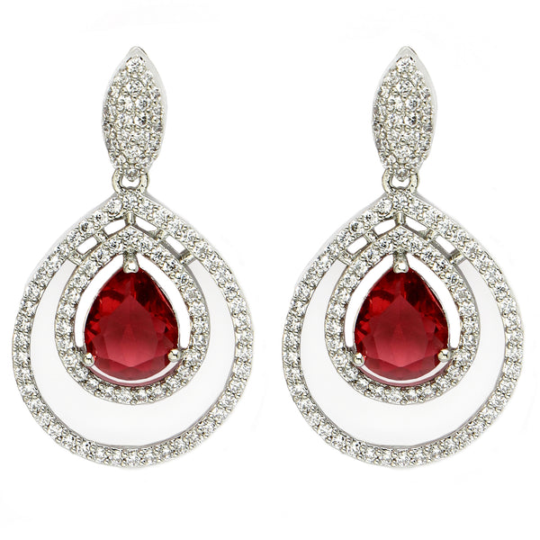 Rhodium Plated Silver Toned with Teardrop Shaped White American Diamond Drop Earrings