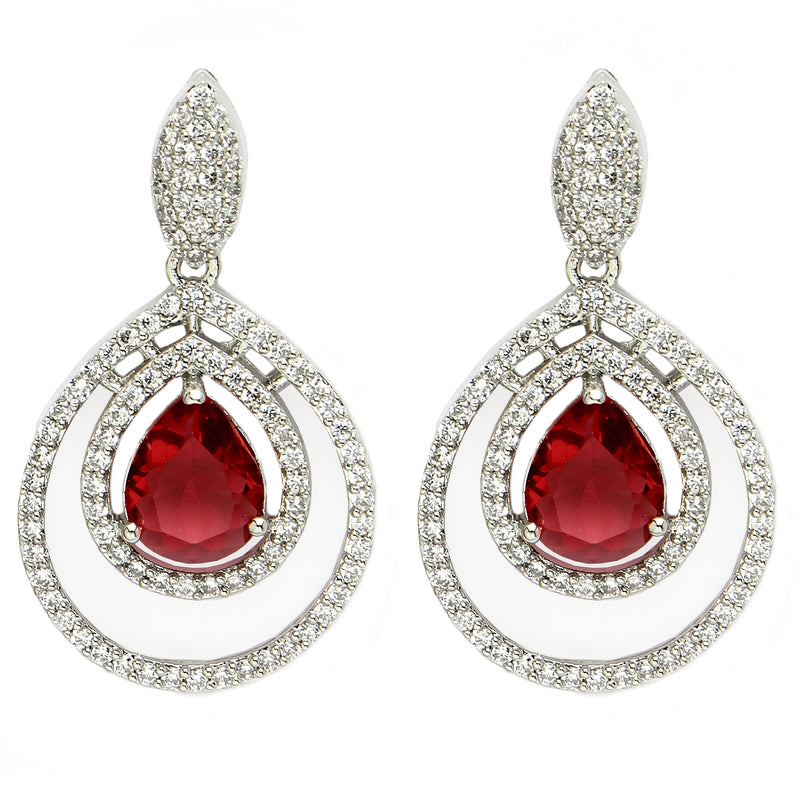 Rhodium Plated Silver Toned with Teardrop Shaped White American Diamond Drop Earrings