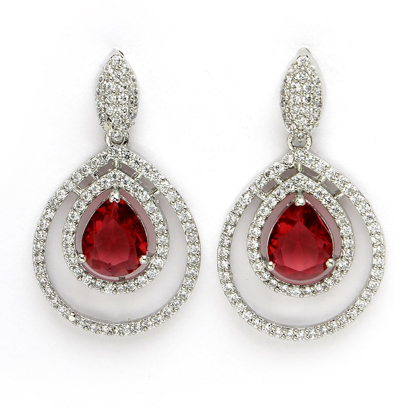 Red American Diamond Stud Earrings – Rhodium Plated Silver Toned Dangle Style