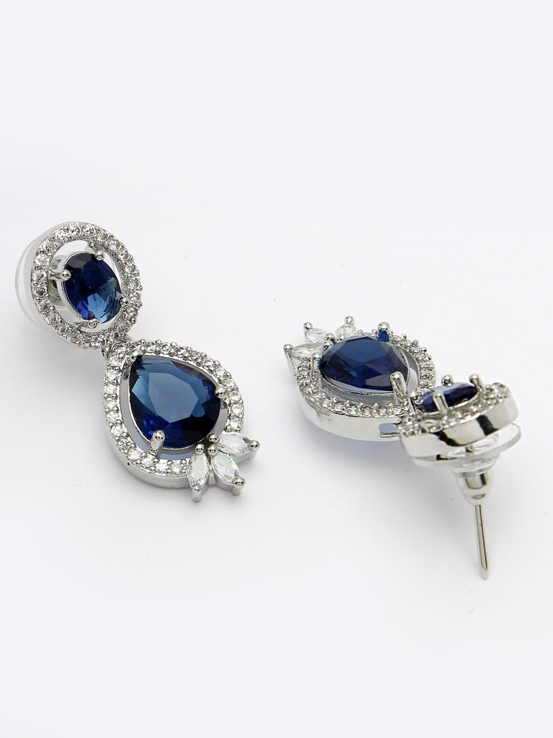 Rhodium Plated with Blue & White American Diamond Small Drop Earrings