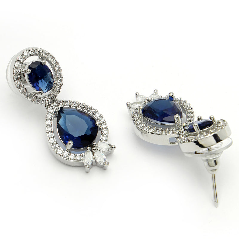 Rhodium Plated with Blue & White American Diamond Small Drop Earrings