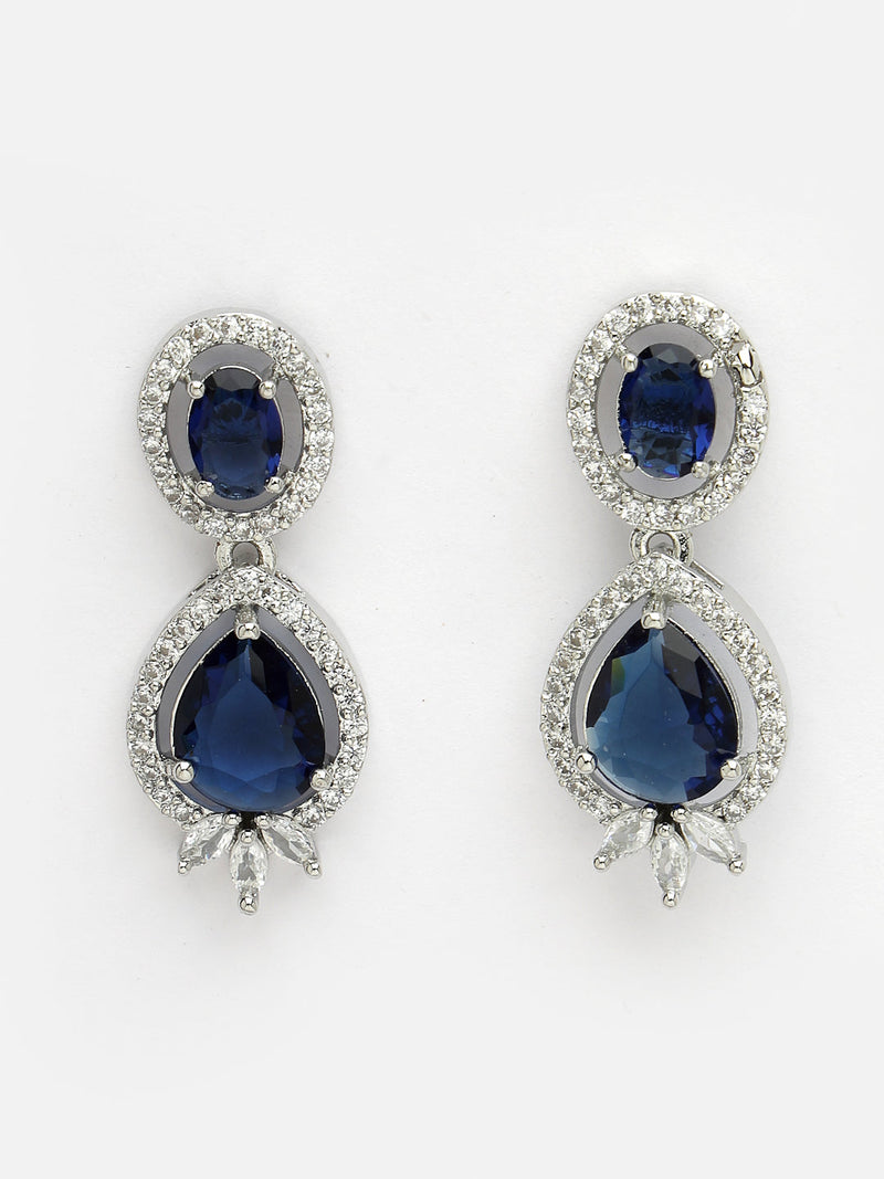 Rhodium Plated with Blue & White American Diamond Small Drop Earrings