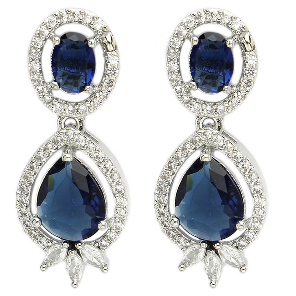 Rhodium Plated with Blue & White American Diamond Small Drop Earrings