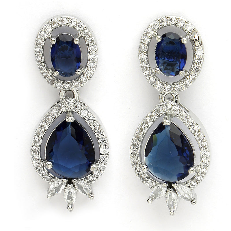 Rhodium Plated with Blue & White American Diamond Small Drop Earrings