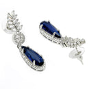 Rhodium Plated Pear Blue American Diamond Contemporary Long Drop Earrings