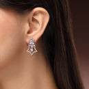 Rhodium Plated Silver Toned Starry Floral Shaped Pink & White American Diamond Studded Drop Earrings