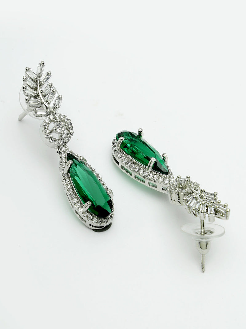 Rhodium Plated Silver Toned with Green American Diamond Small Drop Earrings