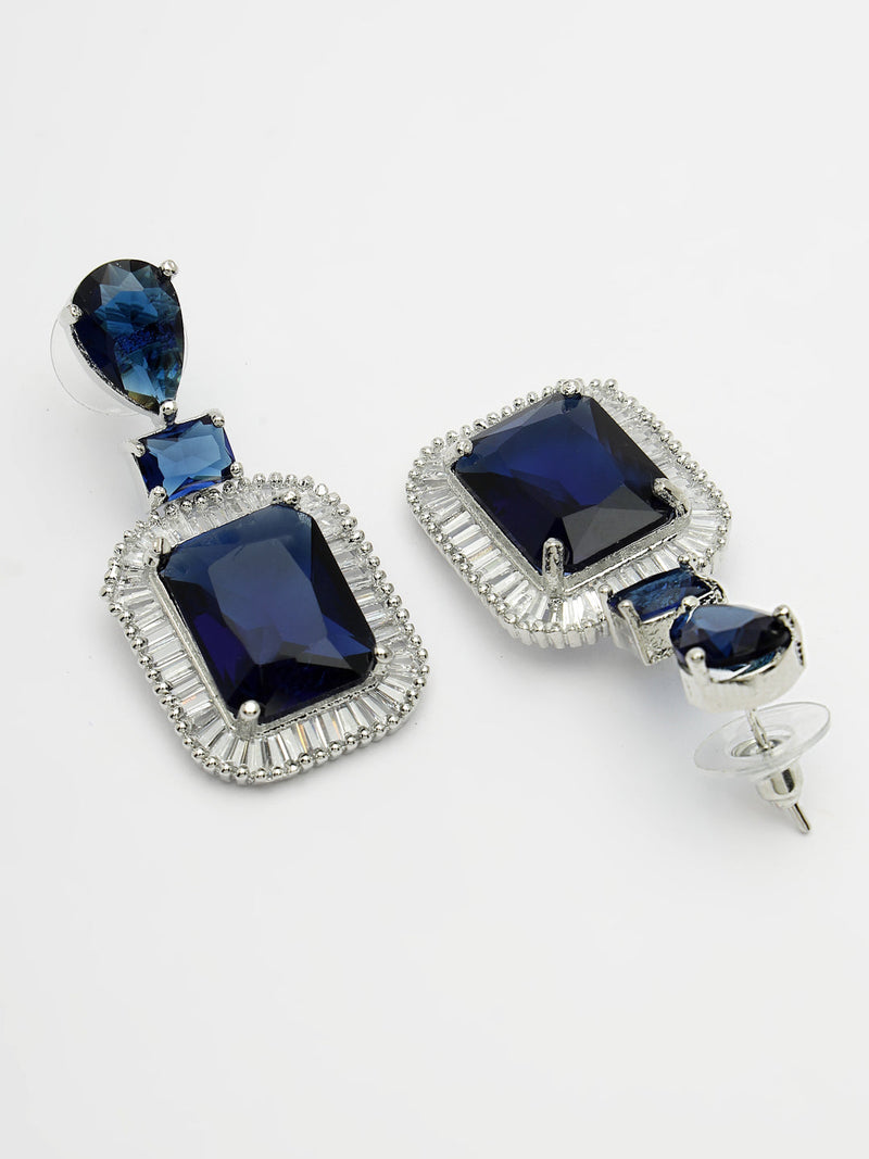 Rhodium Plated Silver Toned with Blue American Diamond Small Drop Earrings