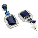 Rhodium Plated Rectangular Shape Blue American Diamond Contemporary Long Drop Earrings