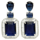 Rhodium Plated Silver Toned with Blue American Diamond Small Drop Earrings