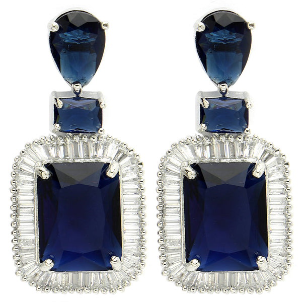 Rhodium Plated Silver Toned with Blue American Diamond Small Drop Earrings