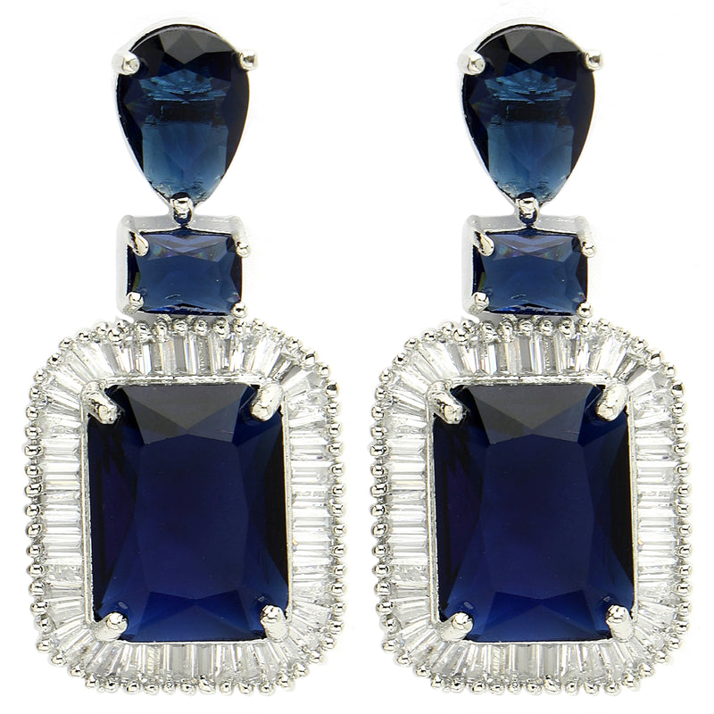 Rhodium Plated Silver Toned with Blue American Diamond Small Drop Earrings