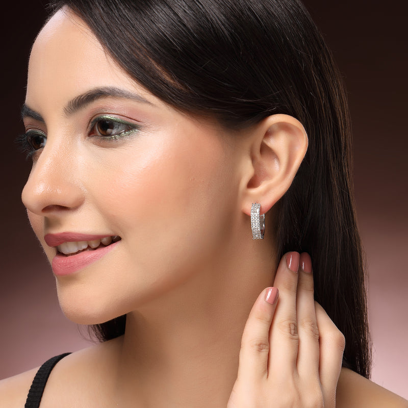 Rhodium Plated Silver Toned Geometric Shaped White American Diamond Studded Hoop Earrings