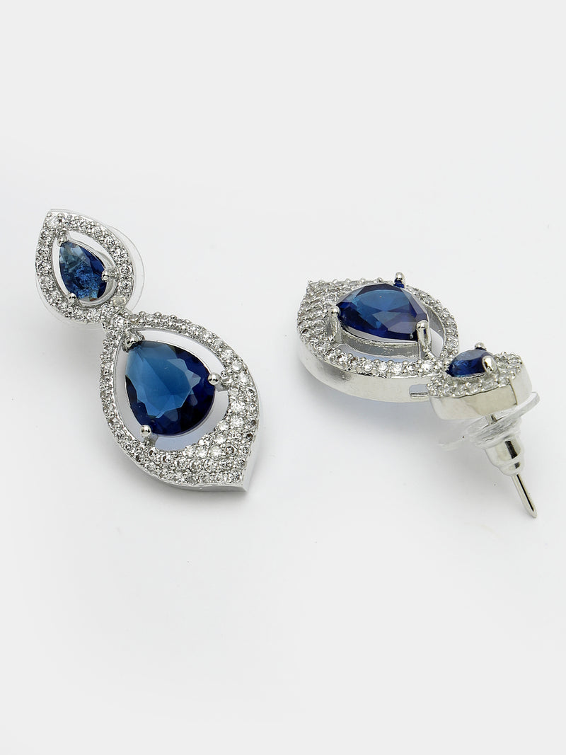 Rhodium Plated with Blue American Diamond Dual Teardrop Design Drop Earrings