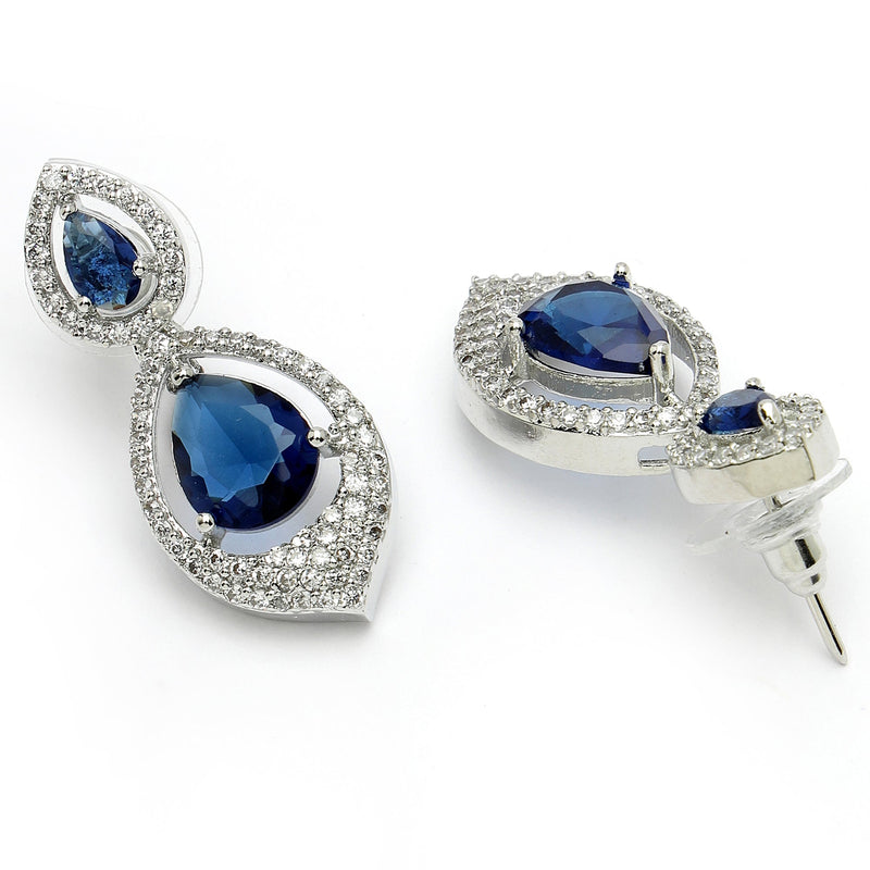 Rhodium Plated Silver Toned Blue Teardrop American Diamond Studded  Drop Earrings