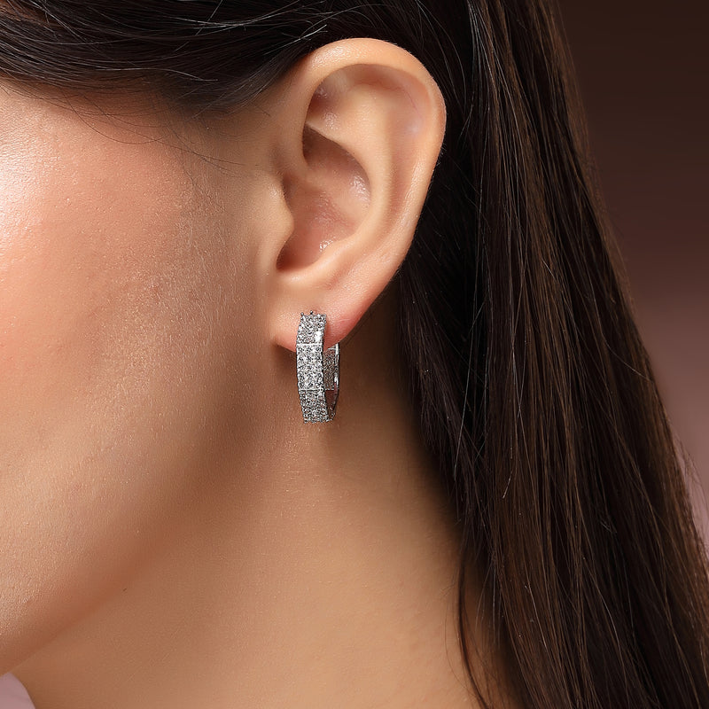 Rhodium Plated Silver Toned Geometric Shaped White American Diamond Studded Hoop Earrings