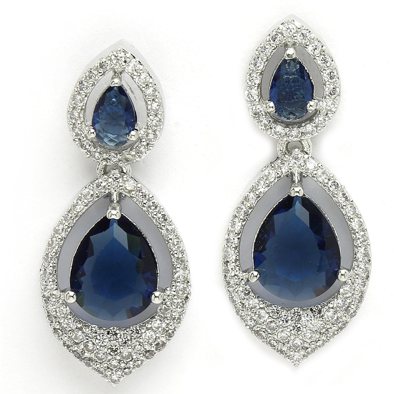 Rhodium Plated Silver Toned Blue Teardrop American Diamond Studded  Drop Earrings