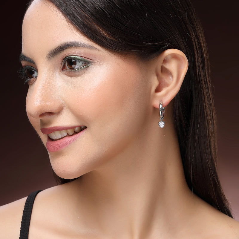 Rhodium Plated Silver Toned Teardrop Shaped White American Diamond Studded Hoop Earrings