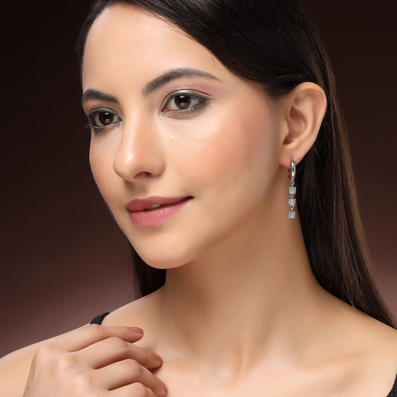 Rhodium Plated Silver Toned Drop Shaped White American Diamond Studded Hoop Earrings