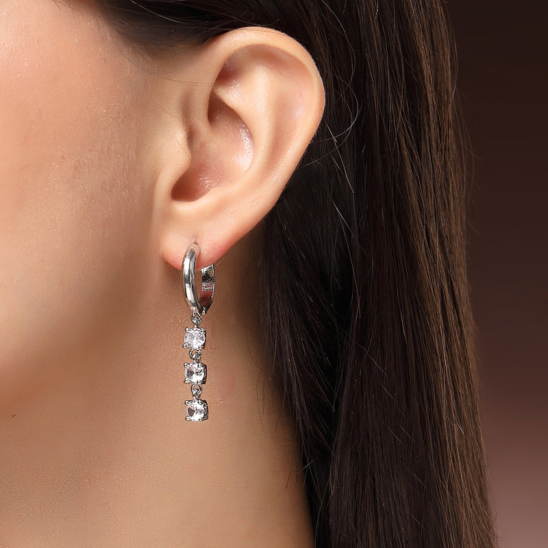 Rhodium Plated Silver Toned Drop Shaped White American Diamond Studded Hoop Earrings