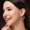 Rhodium Plated Silver Toned Navy Blue & White American Diamond Embellished Earrings