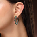 Rhodium Plated Silver Toned Blue American Diamond Embellished Hoop Earrings