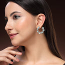 Rhodium Plated Silver Toned Sea Green & White American Diamond Embellished Earrings