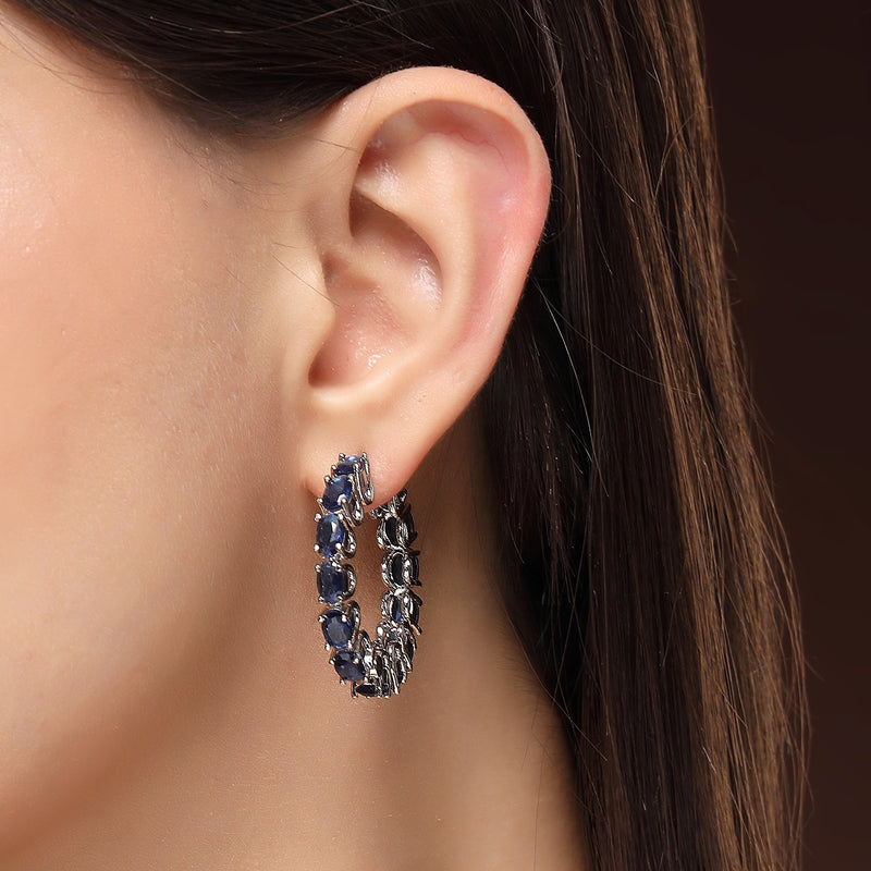 Rhodium Plated Silver Toned Navy Blue American Diamond Embellished Hoop Earrings