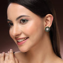 Rhodium Plated Silver Toned Floral Shaped Green & White American Diamond & Pearl Studded Stud Earrings