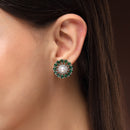 Rhodium Plated Silver Toned Floral Shaped Green & White American Diamond & Pearl Studded Stud Earrings