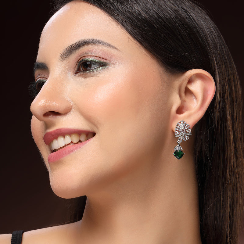 Rhodium Plated Silver Toned Leaf Shaped Green & White American Diamond Studded Drop Earrings