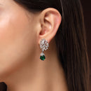 Rhodium Plated Silver Toned Leaf Shaped Green & White American Diamond Studded Drop Earrings